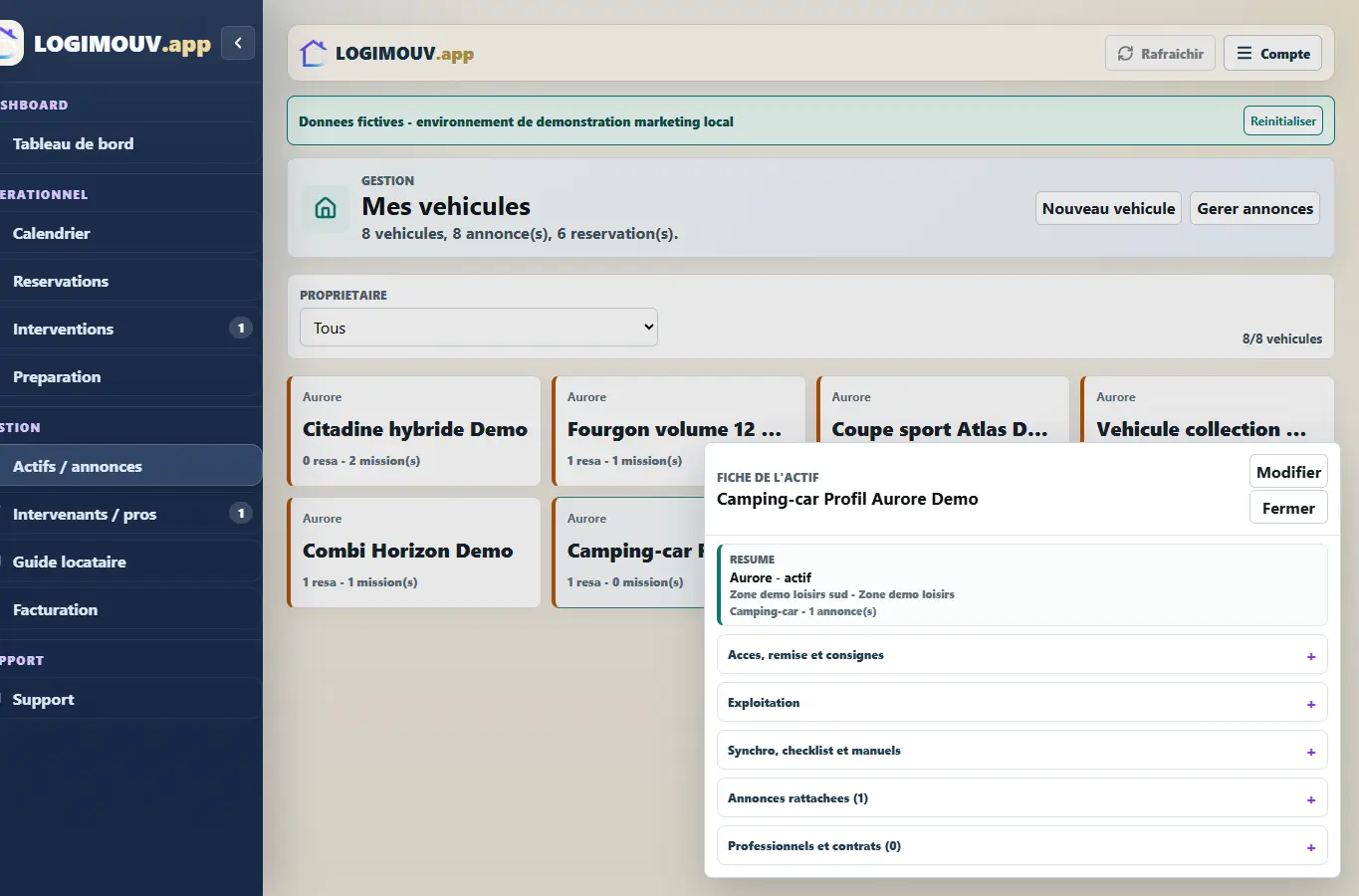 Fiche fictive LOGIMOUV d’un van ou camping-car avec équipements de loisirs.