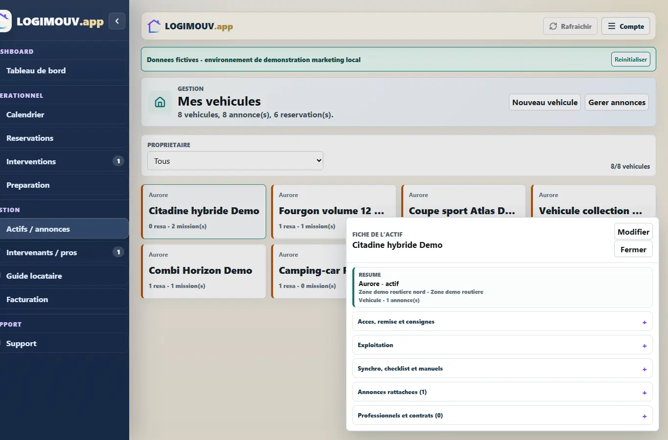 Fiche fictive LOGIMOUV d’un actif routier avec informations adaptées au véhicule.