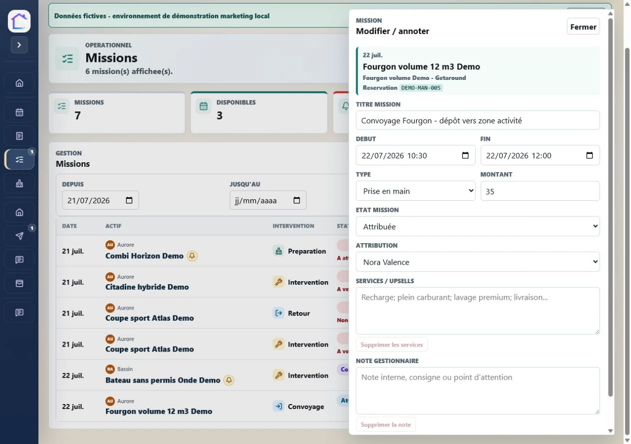 Mission fictive de convoyage LOGIMOUV avec actif, lieux et intervenant attribué.