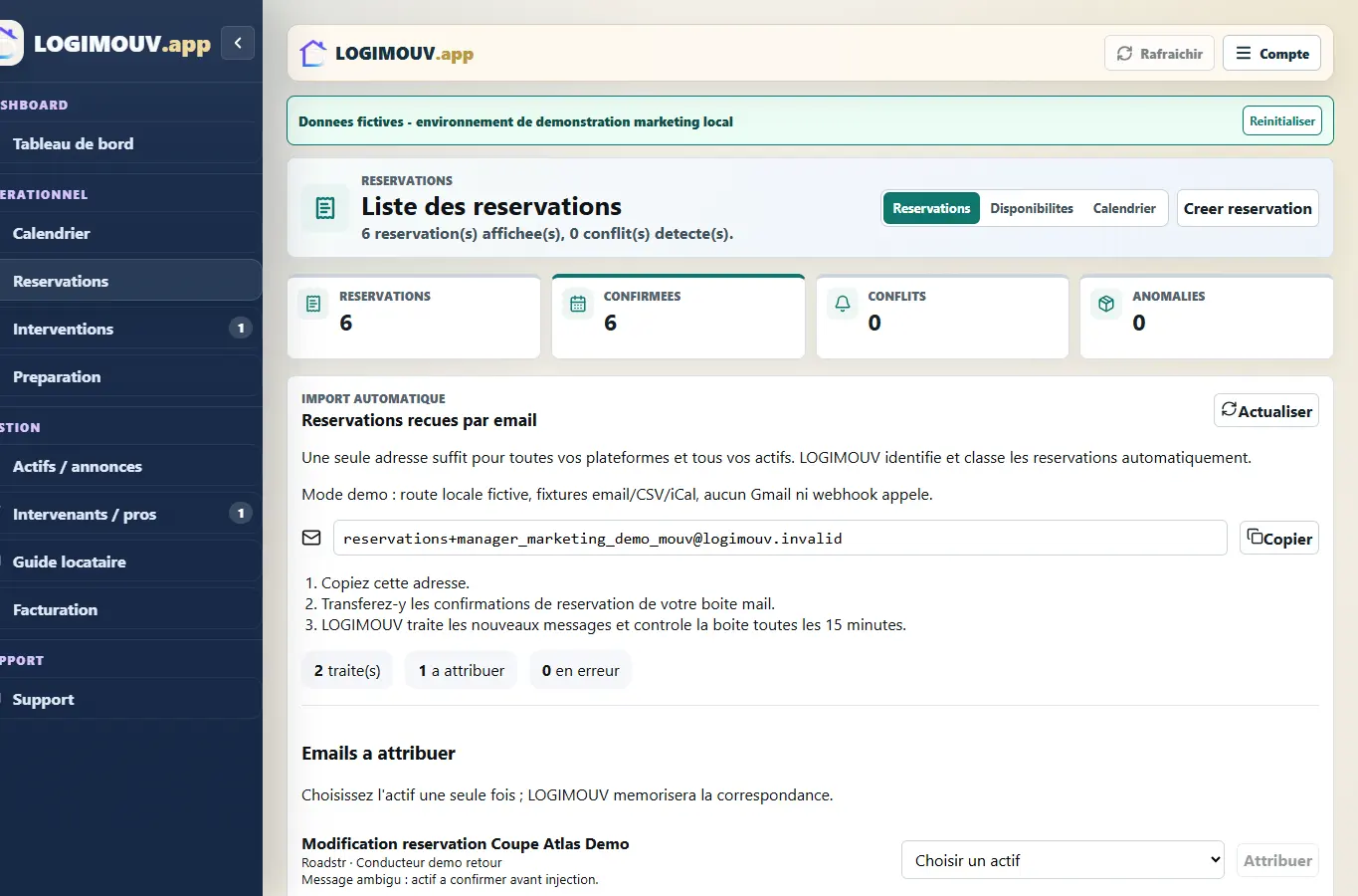 Écran fictif LOGIMOUV présentant des sources locales e-mail, CSV et iCal sans appel externe.