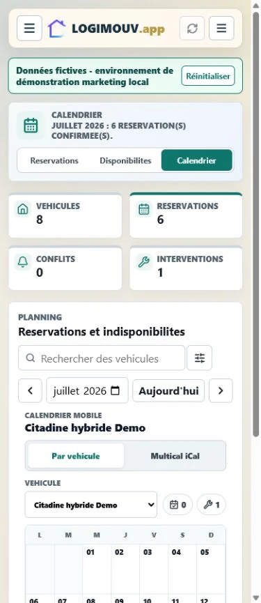 Calendrier mobile LOGIMOUV fictif présentant l’occupation d’un actif sur petit écran.