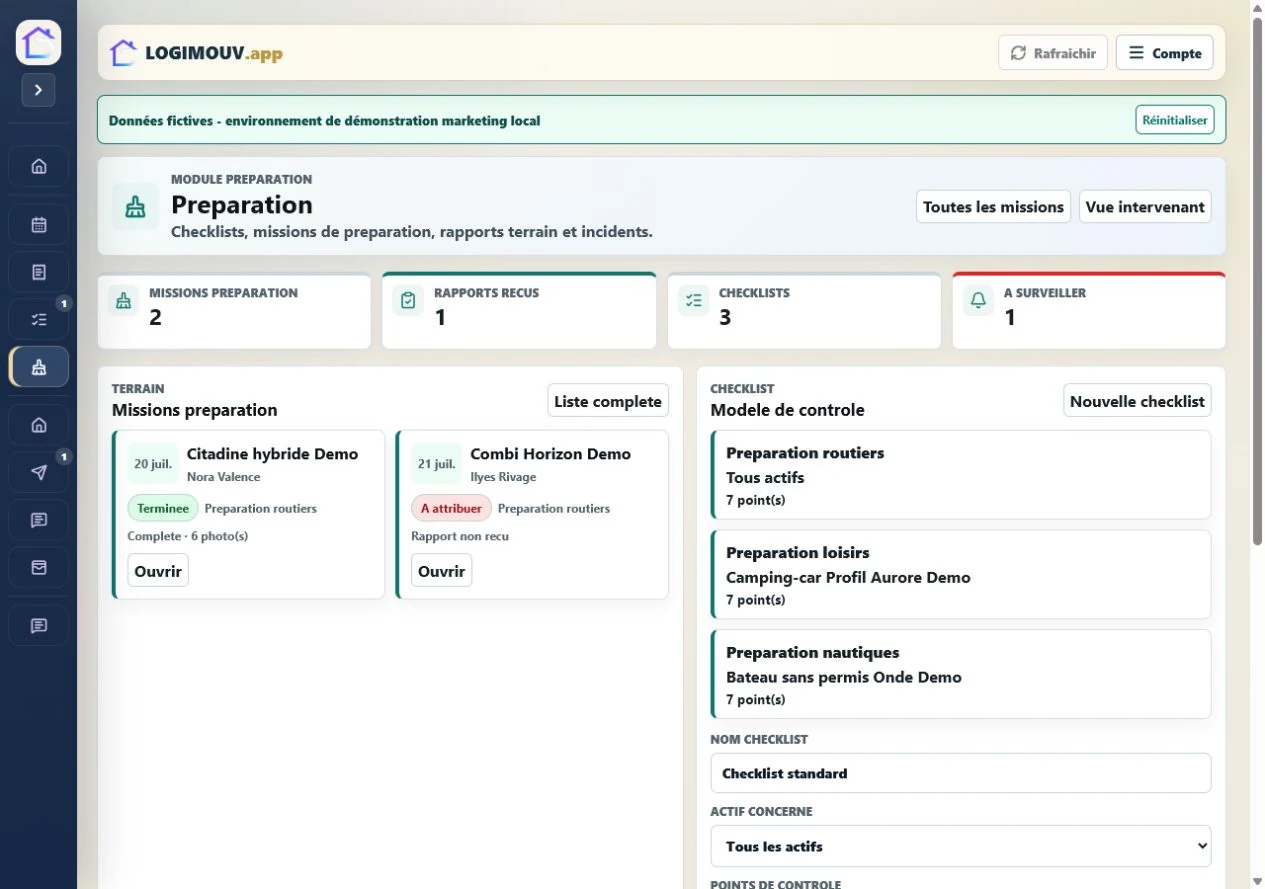 Checklist de préparation LOGIMOUV adaptée à un actif mobile de démonstration.
